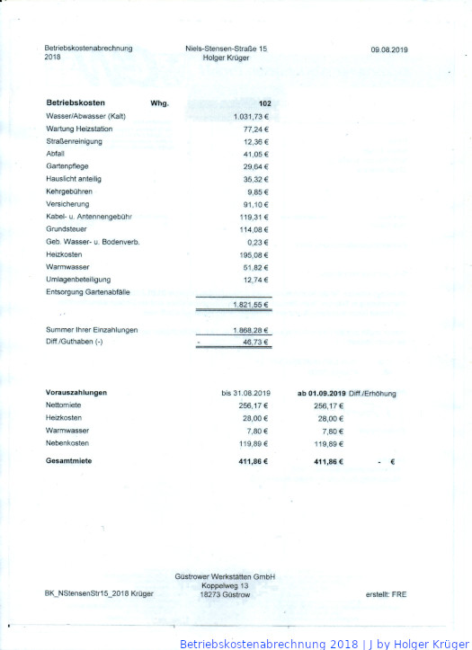 Betriebskostenabrechnung 2018 | J Holger Krüger